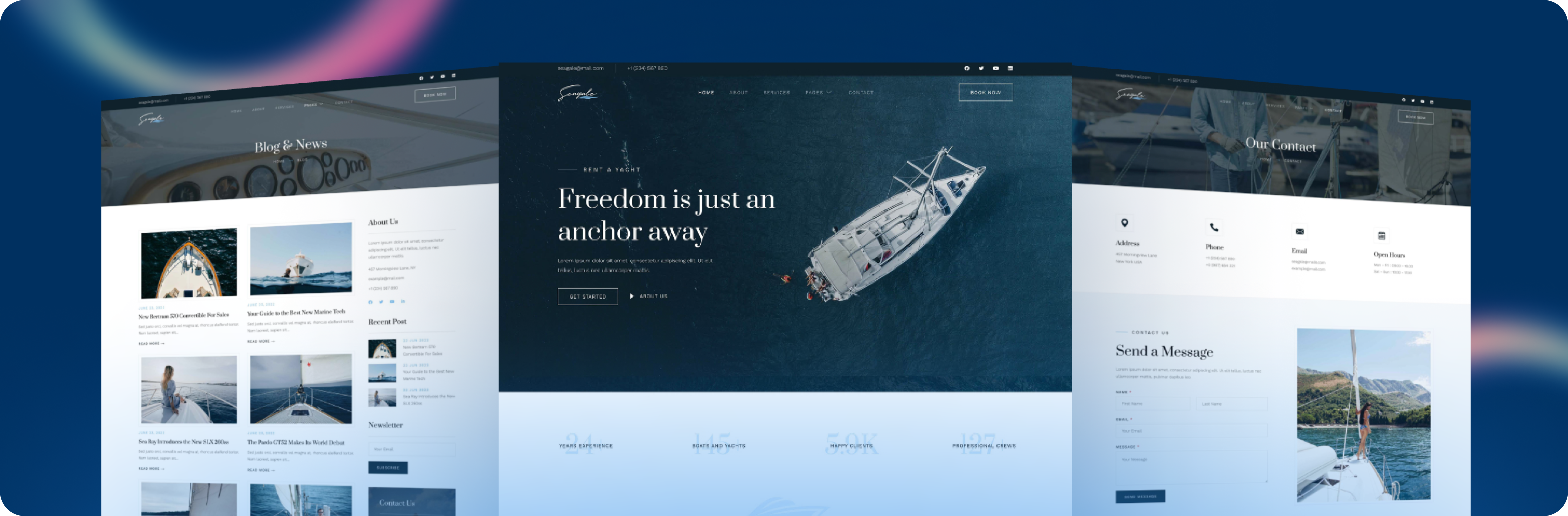 Custom-built yacht rental website design showcasing responsive layout, featuring sections for blog, contact information, and a call to action for bookings, emphasizing marine leisure industry focus.