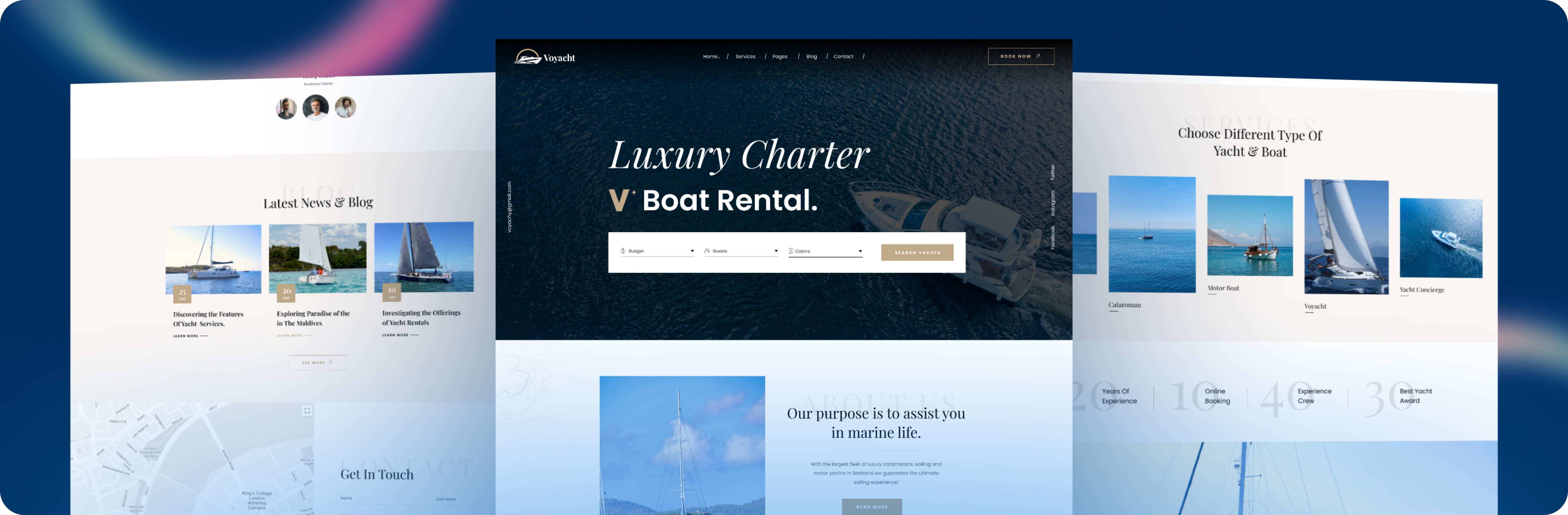 Showcasing responsive web designs for yacht and boat rental businesses, featuring luxury charter options, booking interface, and various yacht types.