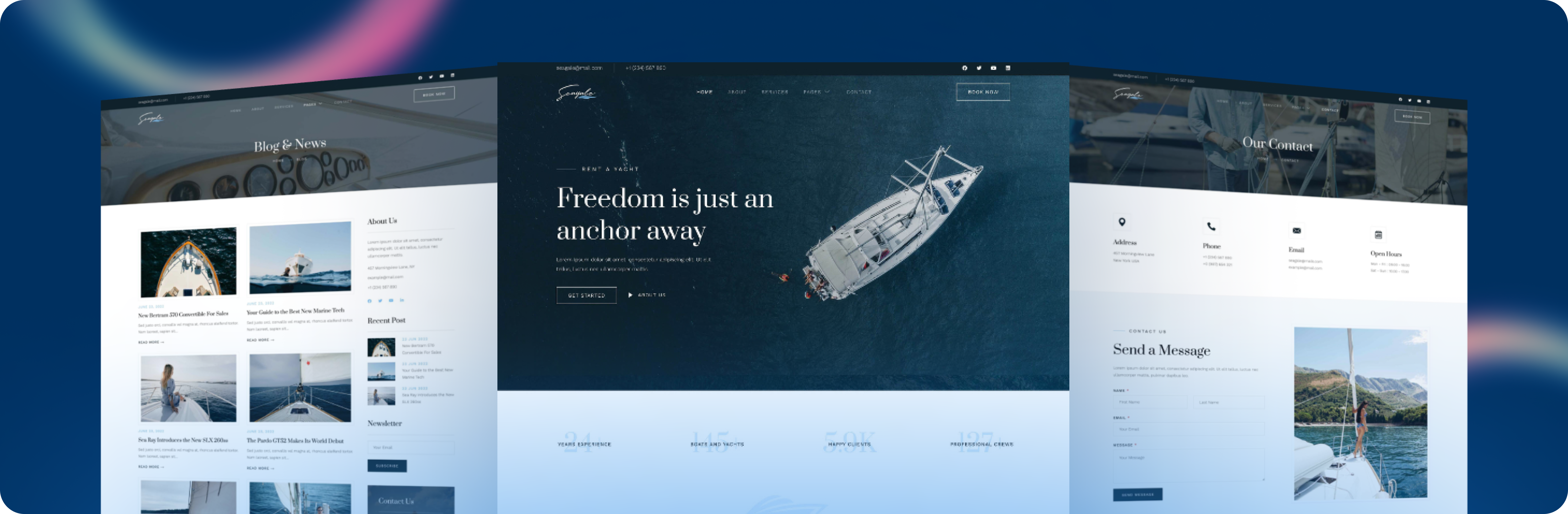 Custom-built yacht rental website showcasing blog section, contact information, and a call to action highlighting "Freedom is just an anchor away."