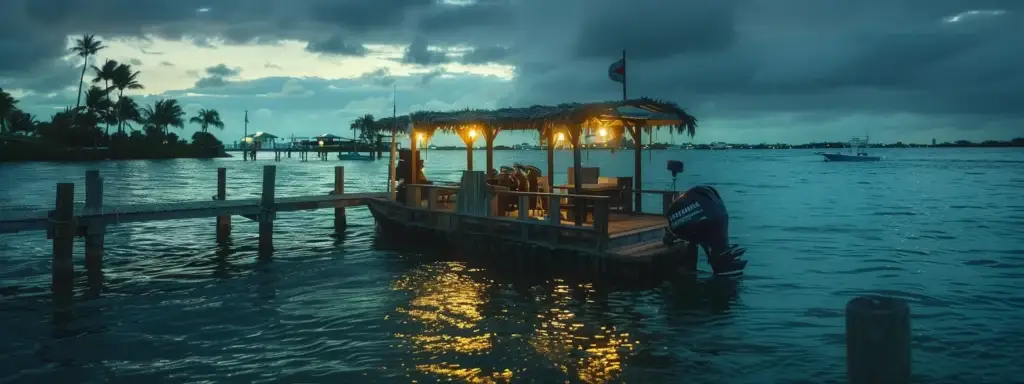 Dock with thatched roof structure illuminated at dusk, surrounded by calm waters and palm trees, representing a scenic boat rental and yacht charter location in Key West, Florida.