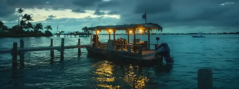 Tropical dockside setting at dusk featuring a boat with a thatched roof, reflecting lights on the water, highlighting the serene atmosphere of Key West, Florida, relevant to yacht charter and boat rental marketing.