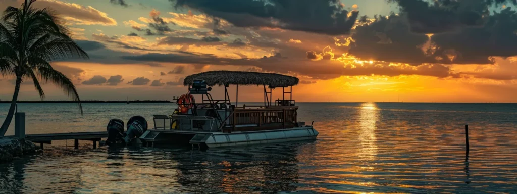 Sunset over calm waters with a pontoon boat docked at a wooden pier, surrounded by palm trees, illustrating a serene boating experience in Key West, Florida, relevant to boat rental and yacht charter services.