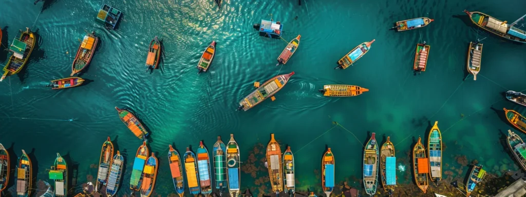 Aerial view of colorful boats in clear turquoise water, illustrating boat rental options and maritime activities relevant to digital marketing for boat rental businesses.
