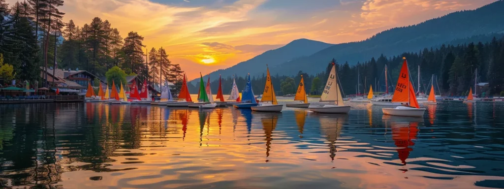 Serene marina at sunset with colorful sailboats reflecting in the water, highlighting the maritime atmosphere relevant to online reputation management for boat rental and yacht charter services.