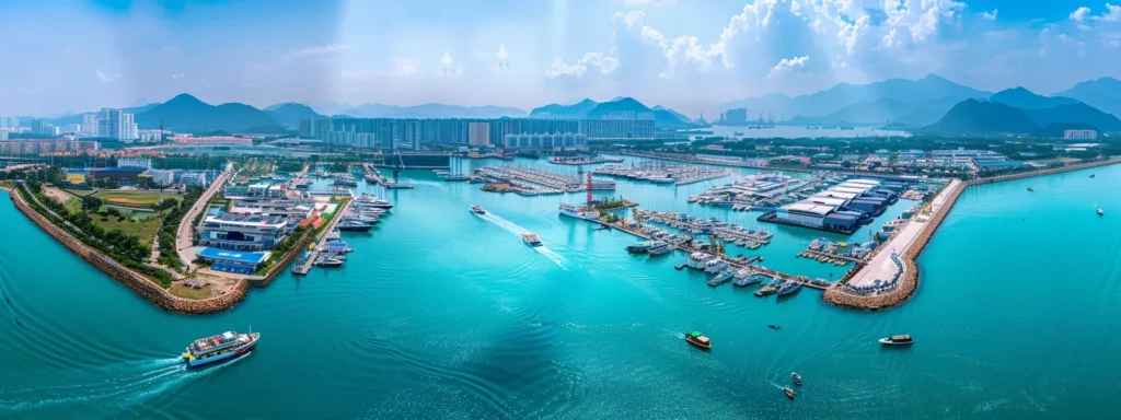 Aerial view of a vibrant marina with numerous boats and yachts, surrounded by lush greenery and city buildings, illustrating a prime location for boat rentals and yacht charters.