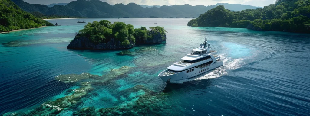 Aerial view of a luxury yacht navigating through crystal-clear waters, surrounded by lush green islands and coral reefs, illustrating the allure of boat rentals and yacht charters in scenic destinations.
