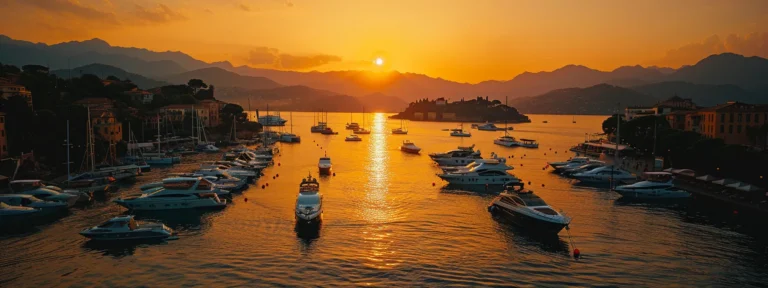 Aerial view of a marina at sunset, featuring various yachts and boats on calm waters, surrounded by mountains and coastal buildings, highlighting the beauty of yacht charters and boat rentals.