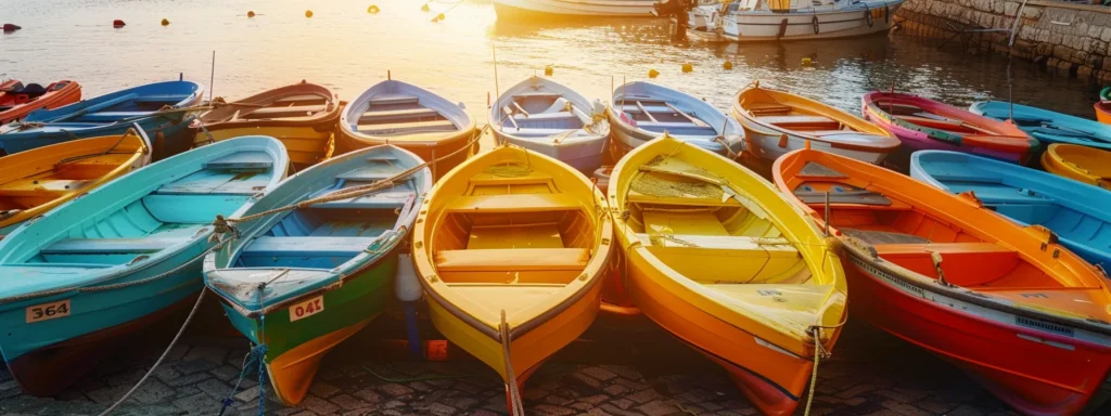 Colorful row of rental boats at sunset, showcasing vibrant hues of yellow, blue, and orange, emphasizing the boat rental industry and local tourism appeal.