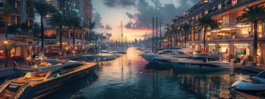Vibrant dusk scene of a marina with luxury yachts, palm trees, and upscale waterfront buildings, emphasizing boat rental opportunities and the marine lifestyle.