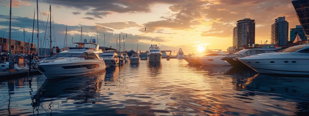 Vibrant marina scene at sunset with luxury yachts and boats reflecting on calm water, symbolizing boat rental opportunities and enhancing online visibility for charter services.