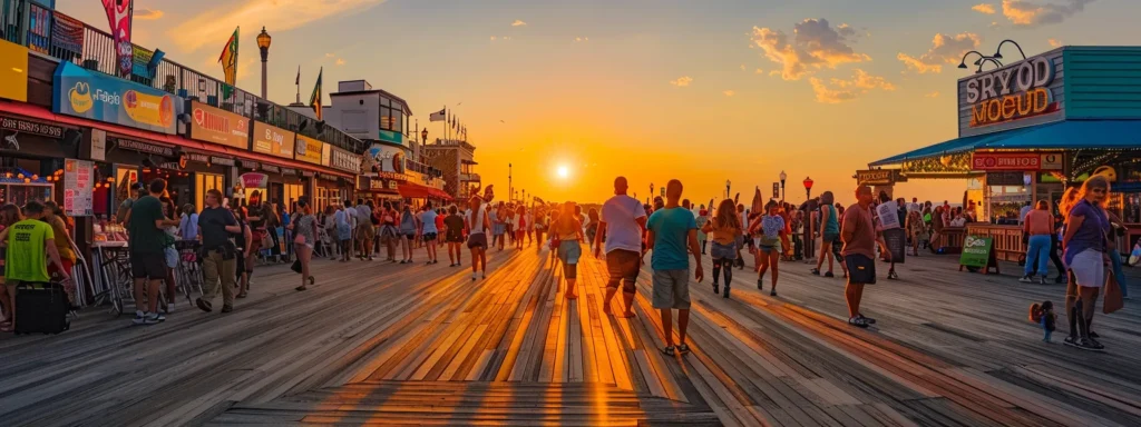 Vibrant seaside boardwalk bustling with people at sunset, showcasing shops and lively atmosphere, reflecting the importance of customer engagement and feedback for maritime businesses.