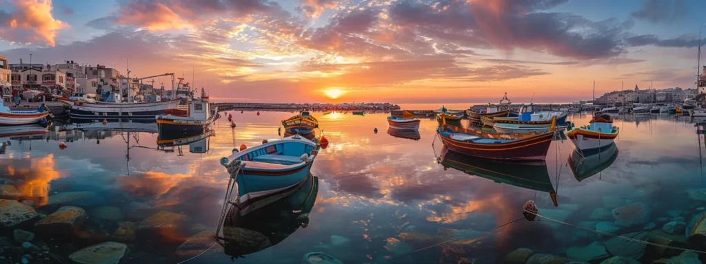 Vibrant seaside marina at sunset with colorful boats reflecting in calm waters, illustrating the allure of luxury boat rentals and yacht charters.