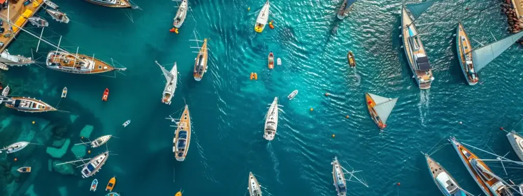 Aerial view of various yachts and boats moored in turquoise waters, emphasizing the maritime industry and boat rental services.