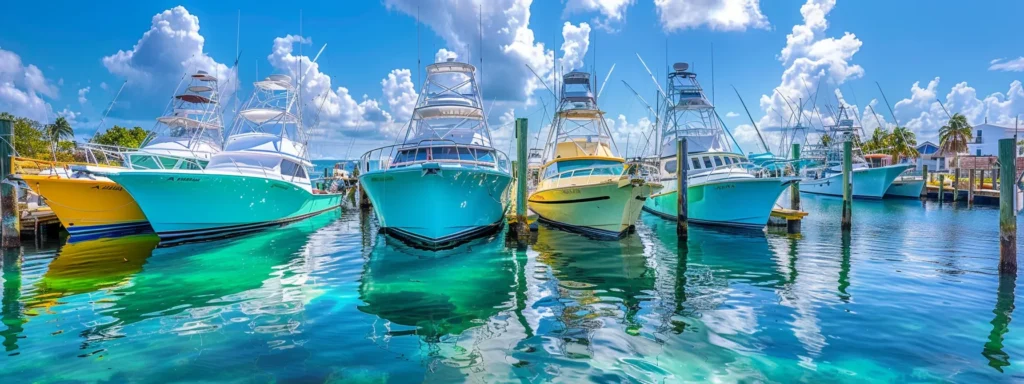 Colorful yachts docked in a marina under a bright blue sky, reflecting in the clear water, illustrating the vibrant boat rental and yacht charter industry.