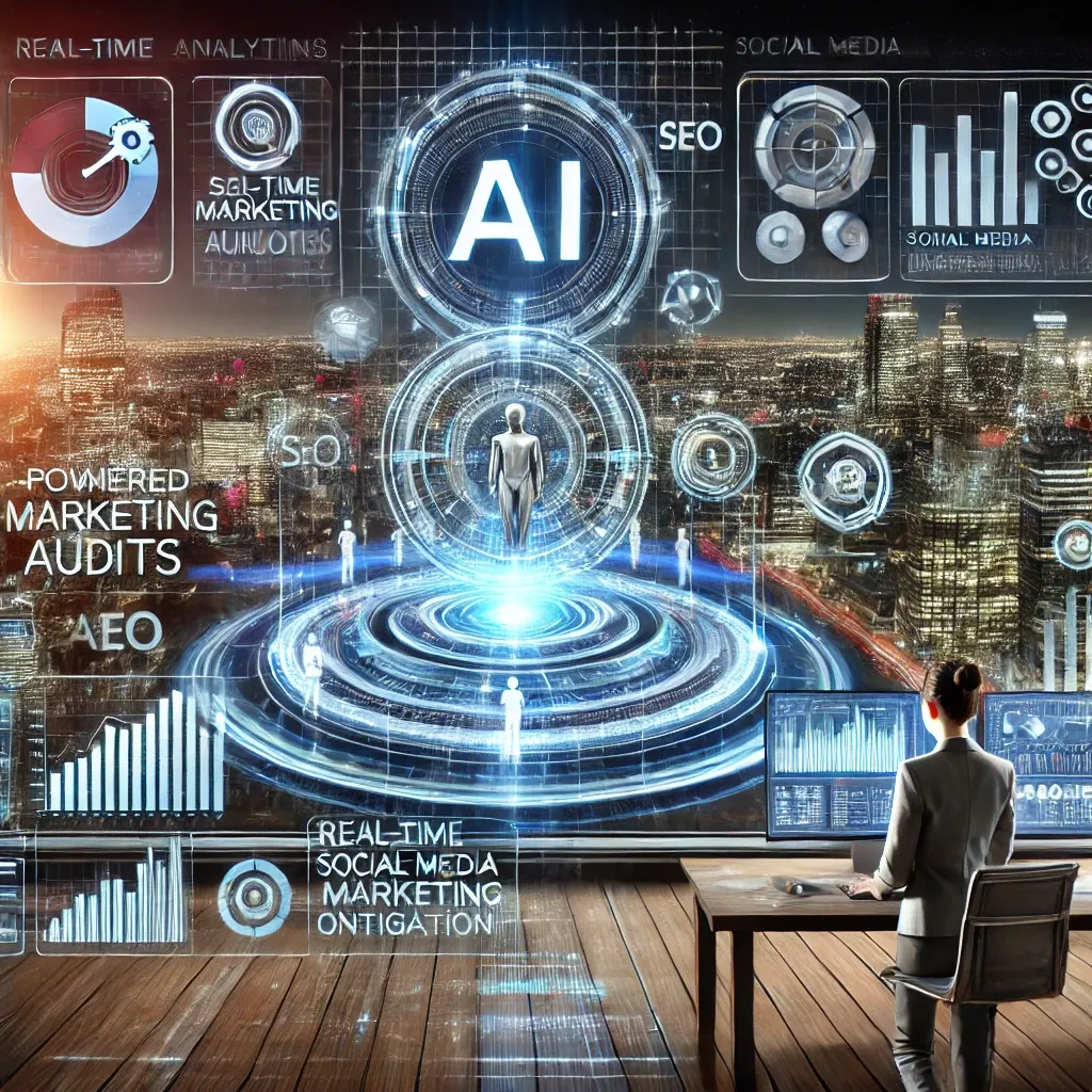 AI-powered marketing audits with real-time analytics, SEO, and social media metrics displayed in a futuristic digital interface, showcasing a professional analyzing data for enhanced online visibility and performance in boat rental services.