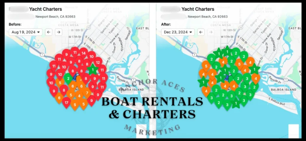Map comparison showing improved visibility for yacht charters in Newport Beach, CA, with highlighted areas before and after SEO optimization, featuring colorful markers indicating rental availability and performance.