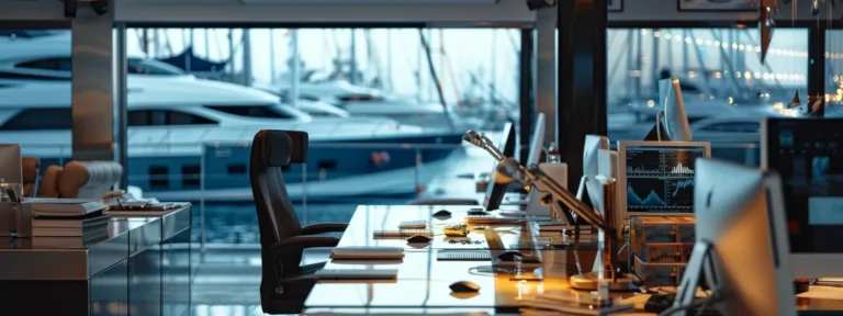 Modern marina office interior with sleek desk, computers, and yachts in the background, emphasizing yacht rental and boat charter business environment.
