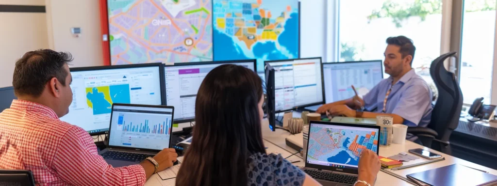 a dynamic office scene displays a diverse team collaborating over modern laptops and large screens, analyzing vibrant charts and graphs depicting local seo strategies for yacht charter and boat rental businesses, with city maps of miami, newport beach, and san diego prominently featured in the background.