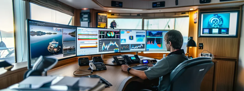 a high-tech office environment features a focused marketing professional analyzing vibrant google ads performance graphs on dual monitors, with marine-themed visuals such as boat rentals and yacht charters prominently displayed in the background.