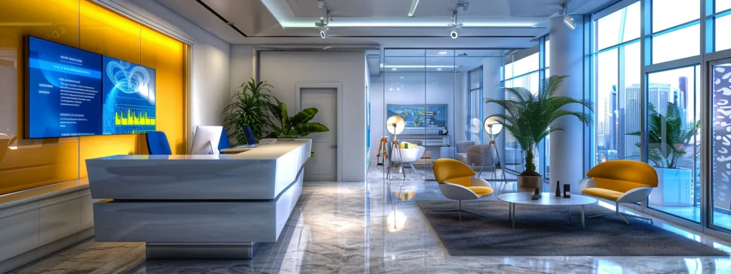 a modern office environment showcasing a vibrant digital dashboard displaying real-time analytics and seo metrics for a yacht charter business, with a sleek laptop positioned on a contemporary desk, emphasizing the strategic approach to local seo in a bustling urban setting.
