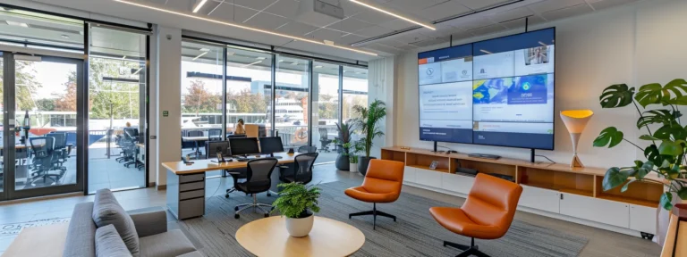 Modern office workspace featuring a large screen displaying digital content, ergonomic chairs, a desk with computers, and a bright, open layout with large windows overlooking a marina.