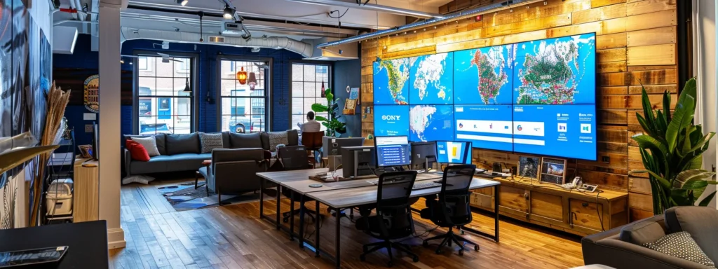 a sleek and modern digital advertising agency office, featuring vibrant screens displaying google ads analytics and creative display ads tailored for boat rentals, with a backdrop of nautical-themed decor and a collaborative team engaged in strategic discussions.