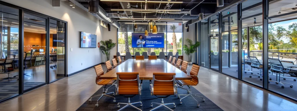 a sleek and modern office space showcases a digital marketing team enthusiastically discussing strategies around a large conference table, with glowing testimonials from satisfied marine charter customers displayed prominently on a digital screen in the background.