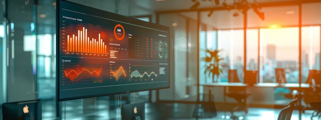 a sleek, modern office environment featuring a large display screen showcasing a vibrant dashboard of local seo analytics and performance metrics for a marine business, illuminated by focused overhead lighting to emphasize the data-driven digital marketing strategy.