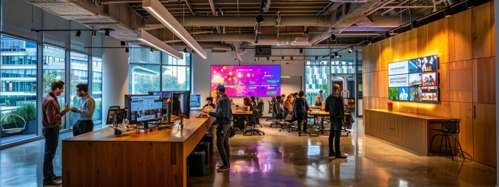 a sleek, modern office space bustling with digital marketing professionals analyzing engaging ad campaigns for yacht rentals, illuminated by vibrant screens showcasing seasonal promotions and customer testimonials.