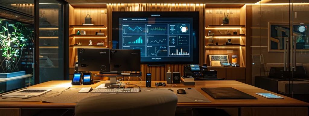 a sleek, modern office space is illuminated by ambient lighting, featuring a large computer screen displaying an analytics dashboard for a marine rental company's website, with highlighted local seo tactics and vibrant graphics that symbolize targeted digital marketing strategies.