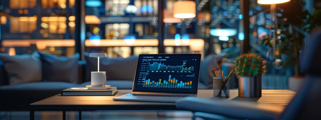 a sleek, modern office workspace features a laptop displaying intricate graphs and analytics related to yacht charter seo performance, with strategically placed marine-themed decor and ambient lighting that reflects a professional yet inviting atmosphere.