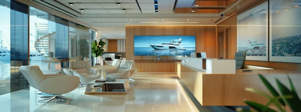 a sleek, modern office workspace features a large digital display showcasing high-quality rental boat images and a clear booking interface, emphasizing trust and user-friendly navigation against a backdrop of strategic advertising analytics on screens.