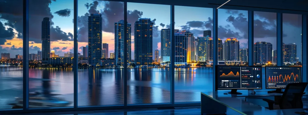 a sleek office environment in miami features a vibrant digital dashboard displaying analytics and seo metrics, emphasizing the online strategies for optimizing boat and yacht rental businesses amidst a backdrop of modern technology and urban sophistication.