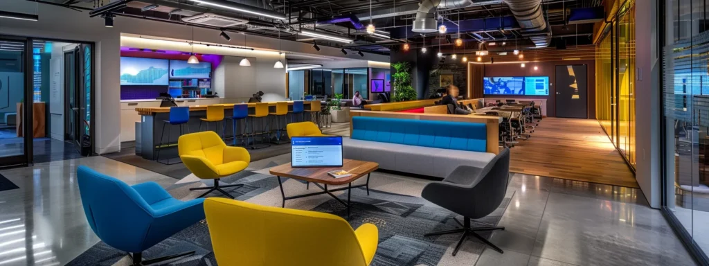 a vibrant, modern office setting showcases a digital marketing professional analyzing google ads trends on a sleek laptop, surrounded by dynamic charts and marine-themed decor, emphasizing the integration of technology and the boat rental industry.