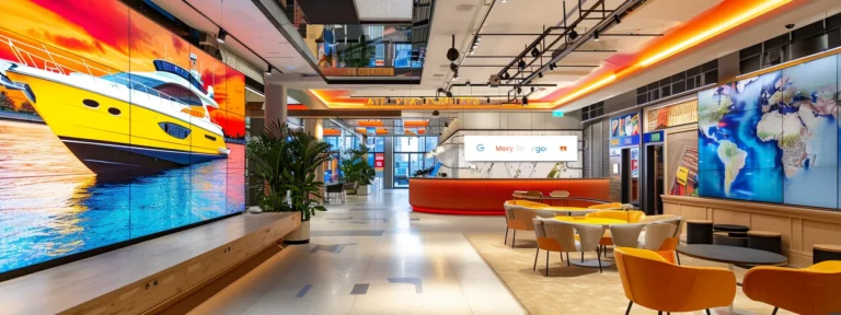 Vibrant office interior featuring a large digital display of a yellow yacht, modern seating areas, and colorful decor, reflecting a dynamic environment for yacht rental and boat charter marketing.