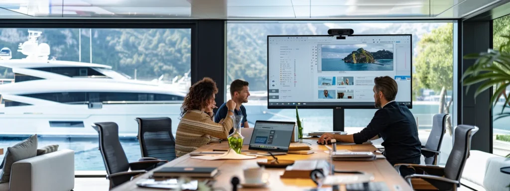 a vibrant office workspace showcasing a digital marketing team collaborating over a sleek monitor displaying an optimized google business profile for a marine rental company, surrounded by high-quality images of luxurious boats and yachts.