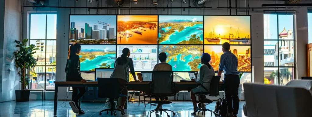 a vibrant urban office scene features a digital marketing team collaborating over a large screen displaying local maps and highlight reels of marinas, fostering a dynamic atmosphere filled with creativity and innovation.