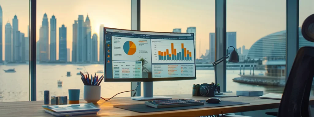 an engaging office scene featuring a sleek computer screen displaying google search console analytics, alongside a vibrant city skyline view of a coastal city, illustrating the dynamic intersection of technical seo strategies for yacht charter businesses.