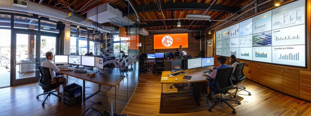 a dynamic office environment featuring a focused team analyzing digital marketing performance metrics on large screens, with graphs and charts illustrating ppc campaign data for boat rental and yacht charter services.