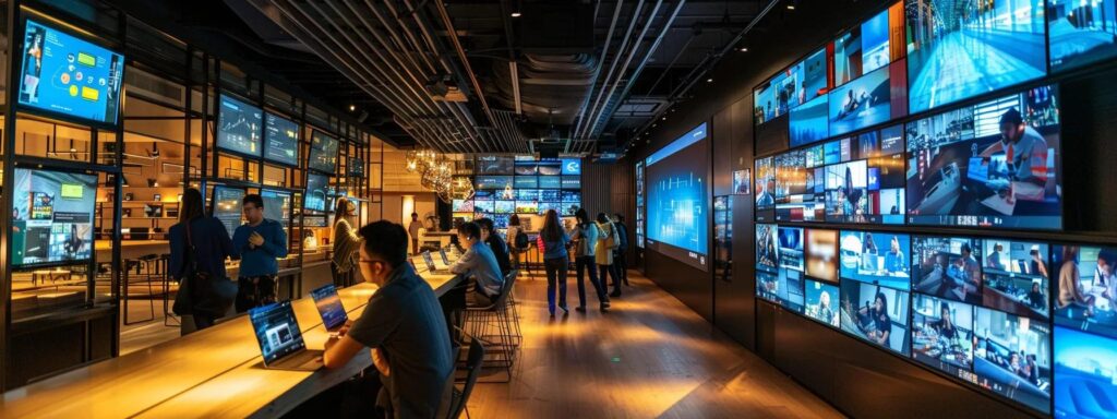 a modern, bustling office environment featuring a diverse team of marketing professionals intensely collaborating over sleek laptops and digital displays, analyzing keyword data and ppc strategies for boat rental and yacht charter campaigns, illuminated by dynamic, high-tech visual presentations on large screens.