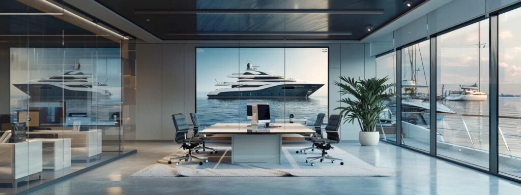 a sleek, modern office environment featuring a vibrant digital display of a yacht charter landing page on a high-resolution screen, with persuasive ctas and stunning visuals of luxury yachts, conveying the essence of effective ppc advertising in the boat rental industry.