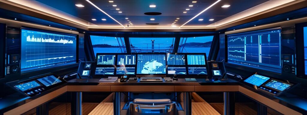 a sleek, modern office space is filled with sophisticated digital dashboards displaying real-time ppc campaign metrics and analytics, emphasizing the strategic decision-making process for a boat rental and yacht charter company.