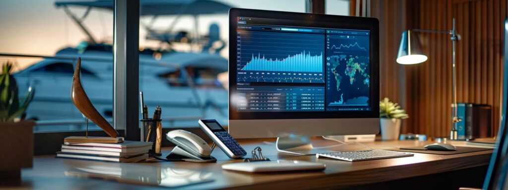 a sleek, modern office workspace featuring a large computer screen displaying vibrant ppc campaign analytics, surrounded by nautical-themed decor and sophisticated yacht charter brochures, illustrating the intersection of digital marketing and the maritime industry.