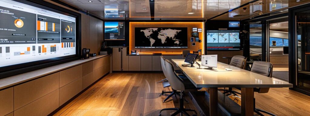 an upscale office environment features a sleek digital dashboard displaying real-time ppc campaign analytics for luxury yacht charters, illuminated by dynamic, vibrant screens that showcase immersive video ads and integrated marketing strategies in action.