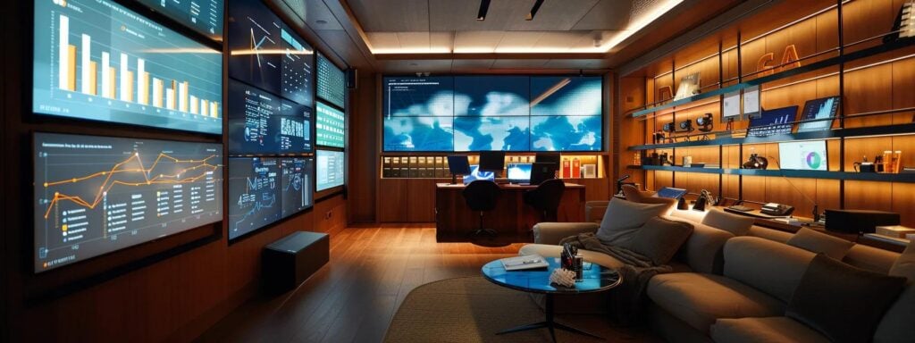 Modern office with multiple digital screens displaying analytics and graphs, featuring a cozy seating area and a desk, reflecting a high-tech environment for boat and yacht rental marketing strategies.