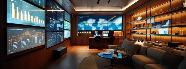 Modern office workspace with multiple screens displaying data analytics and charts, designed for digital marketing strategies in yacht rental and boat charter businesses.