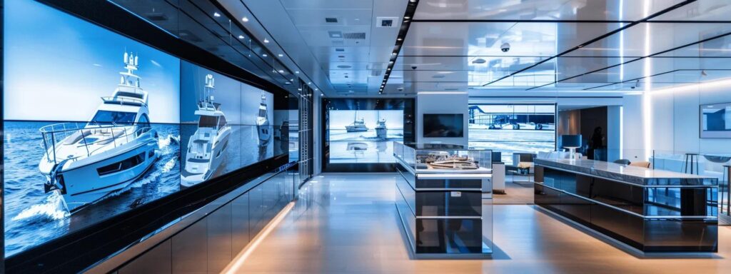 a sleek, modern office filled with digital screens displaying captivating boat rental and yacht charter advertisements, featuring bold headlines and eye-catching visuals that emphasize luxury and exclusive amenities.
