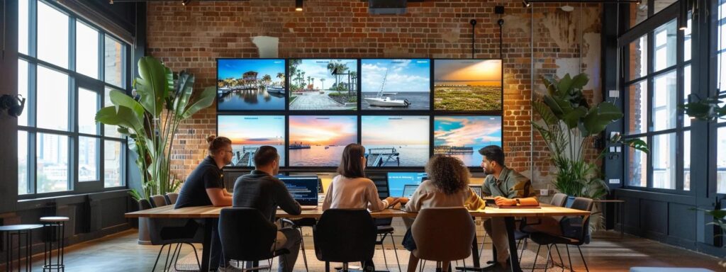 a vibrant urban office space buzzes with activity as marketing professionals strategize over digital screens displaying targeted ads for boat rentals and yacht charters, illustrating dynamic geo-targeting and demographic insights specific to popular us coastal destinations.