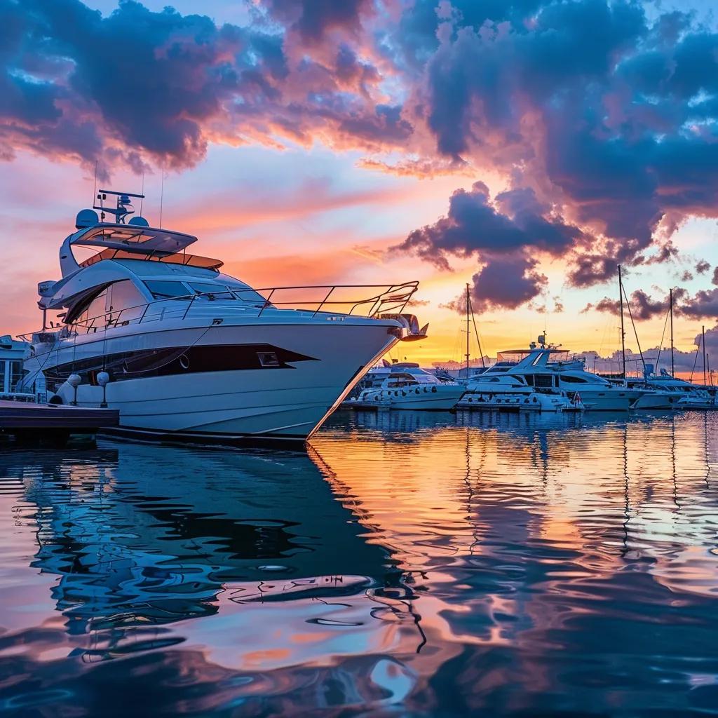 Luxury boat at sunset in a marina, representing boat rental opportunities