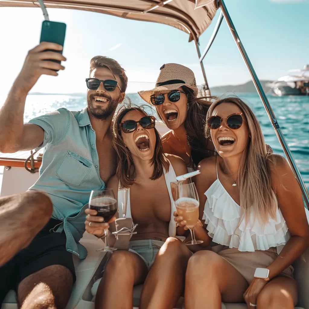 Group of friends enjoying a yacht charter, illustrating social media engagement for boat rentals